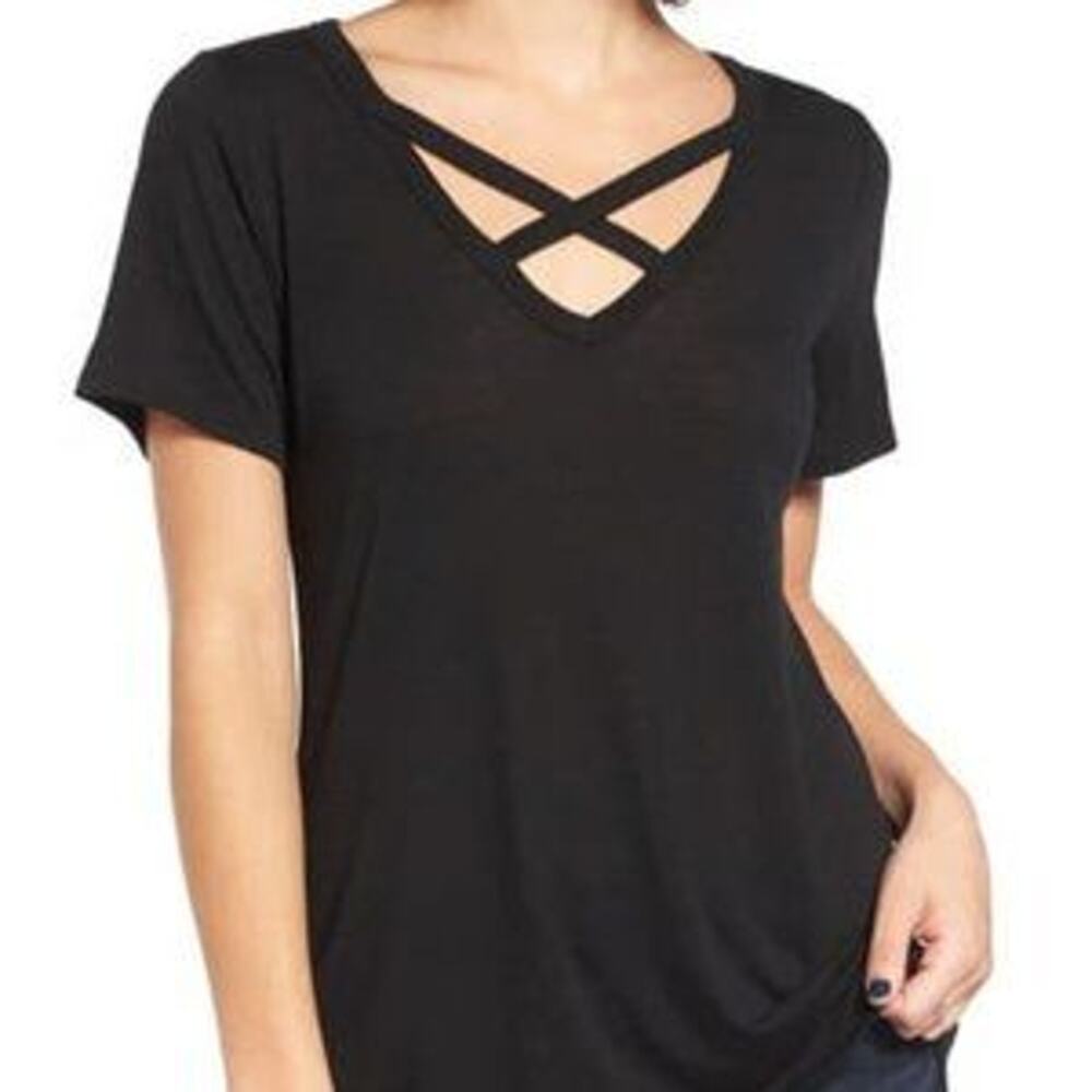 Socialite Black Short Sleeve Criss-Cross Strappy Top Women's Size Medium